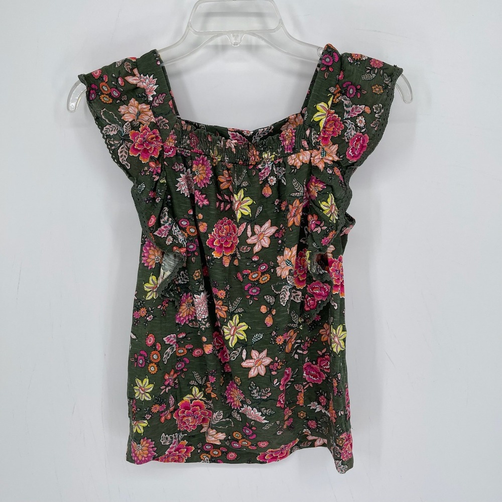 LOFT Women's Green Floral Ruffle Sleeve Square Neck Botanical Boho Top Size S
